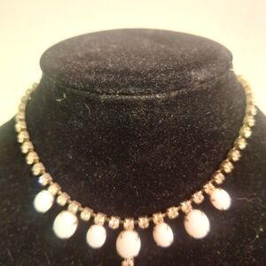 White Milk Glass Choker Neckless W/ Rhinestones